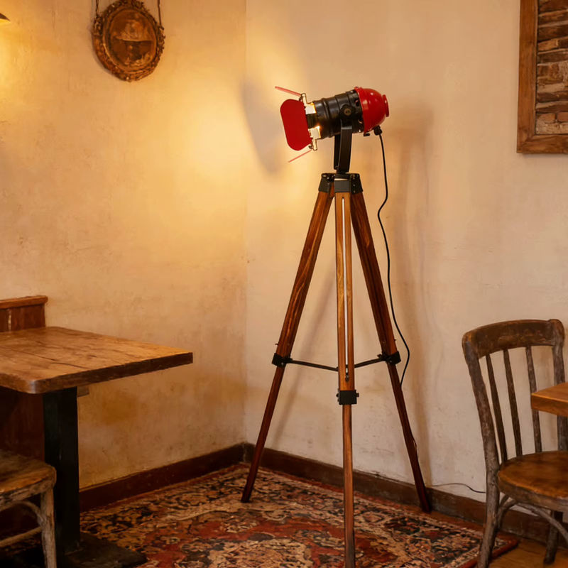 YUENSLIGHTING LED Stehlampe im Vintage Loft-Design aus Holz und Metall, Rot/Schwarz - Bild 2