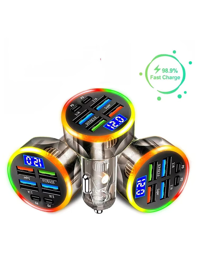 200W Auto-Ladegerät mit 6 Anschlüssen, PD QC3.0 USB-Schnelladapter mit Digitalanzeige für iPhone, Samsung und Xiaomi - Bild 5