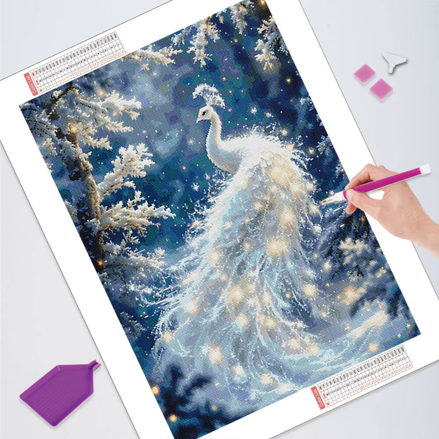 YUTTEE DIY Diamantmalerei Rund Pfau in der Winterlandschaft als Mosaik-Kunstwerk zur Dekoration mit Durchmesser: 30 cm - Bild 2