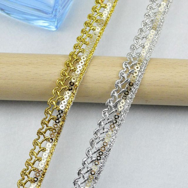 Gold-Silber Paillettenbesatz mit Seidenbändern für DIY Bastelarbeiten und Nähen, 5 m Länge - Bild 1