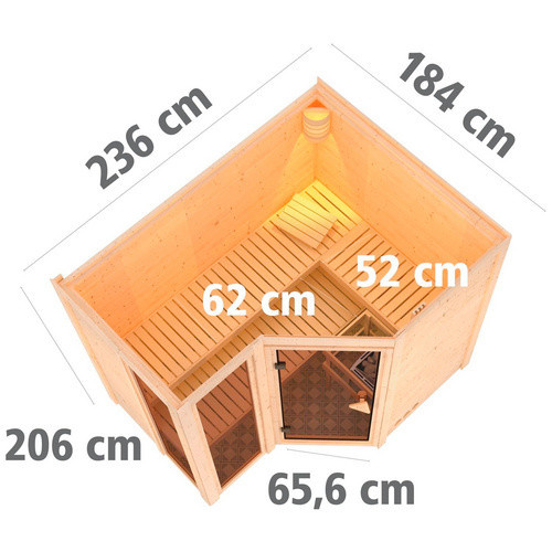 Karibu Sauna Kunda für 4 Personen aus Fichtenholz in Beige, B/T/H: 236 x 209 x 184 cm - Bild 2