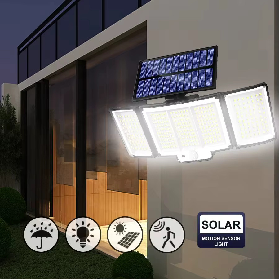 Solar-Außenleuchten mit 348 LED und Bewegungssensor, IP65 wasserdicht, weiße Sicherheitsleuchten mit Fernbedienung und 2400mAh Akku, verstellbare 3-Kopf-Flutlichtleuchten für den Garten - Bild 2