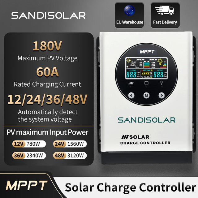 SANDISOLAR Smart MPPT Solar-Controller mit Farb-LCD-Bildschirm, 60A oder 100A, für 12V/24V/36V/48V Systeme, Solarpanel-Batterieladegerät in Weiß - Bild 1