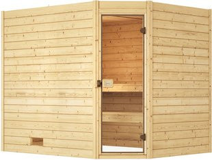 WEKA Massivholzsauna Valida Eck 3 Sparset für 6 Personen in Braun mit 7,5 kW Ofen und BioS Glastür