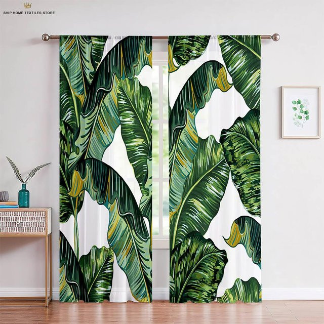 Yiran Furniture Dekorative Vorhänge mit tropischer Vegetation und goldenen Blättern, 2er-Set, halbtransparent, Polyester, Farbe: Grün und Gold, Breite: 50 cm, Höhe: 130 cm - Bild 1