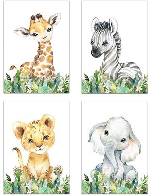TPFLiving Poster Leinwand mit Tierillustrationen für das Kinderzimmer, Set aus 4 Stück mit Giraffe, Löwenbaby, Elefant und Zebra, Mehrfarbig, Breite: 30 cm, Höhe: 42 cm - Bild 1
