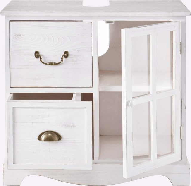 Waschbecken-Unterschrank Heine Home aus Kiefernholz in Weiß mit Glastüren und internen Schubladen, B/T/H: 65 x 35 x 60 cm - Bild 1