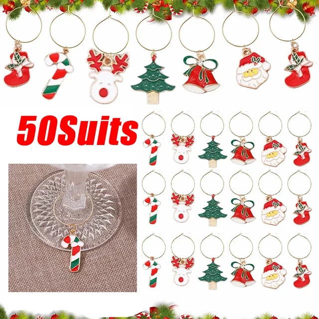 6er Set Weihnachts Weinglas-Deko Charms aus Metall in Gold für Party und Silvester - Bild 1