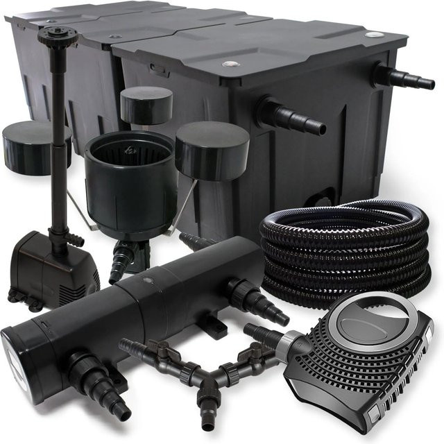 Sunsun Teichfilter Set Schwarz mit UVC Neo8000 70W und 36W Filter für bis zu 90000L inklusive Schlauch, Skimmer und Springbrunnen - Bild 1