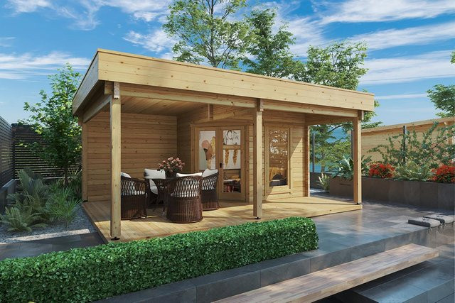 Gartenhaus Remo 3 mit Terrasse und Vordach, Maße: B: 5 m, T: 4 m, Veranda: 4 x 6 m, inklusive Panoramafenster - Bild 1