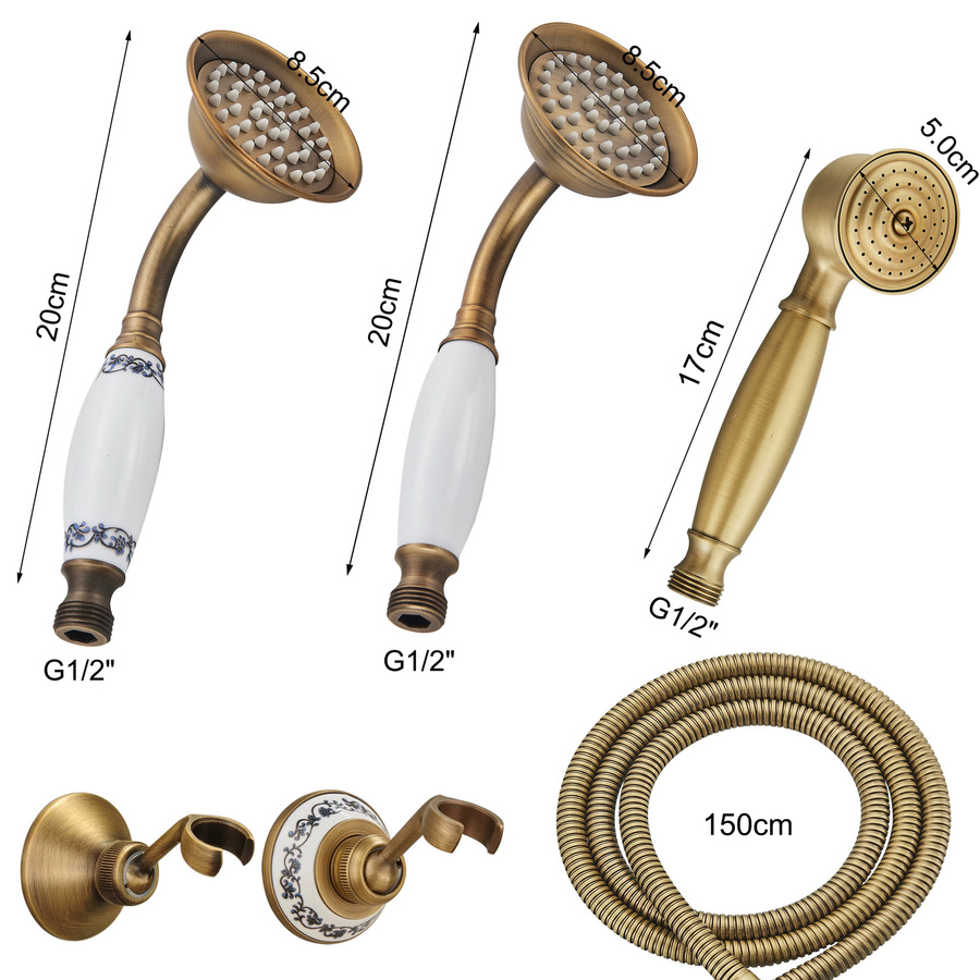 Antike Handbrause aus Messing mit Keramik-Handkopf und 150 cm Duschschlauch in gebürstetem Messing/Gold - Bild 3