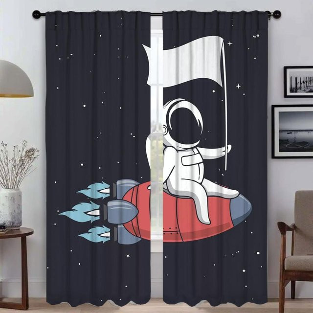 Verdunkelungsvorhänge mit Astronauten-Print für Wohnzimmer und Kinderzimmer, 2 Paneele, Farbe: Schwarz, Breite: 50 cm, Höhe: 70 cm - Bild 1