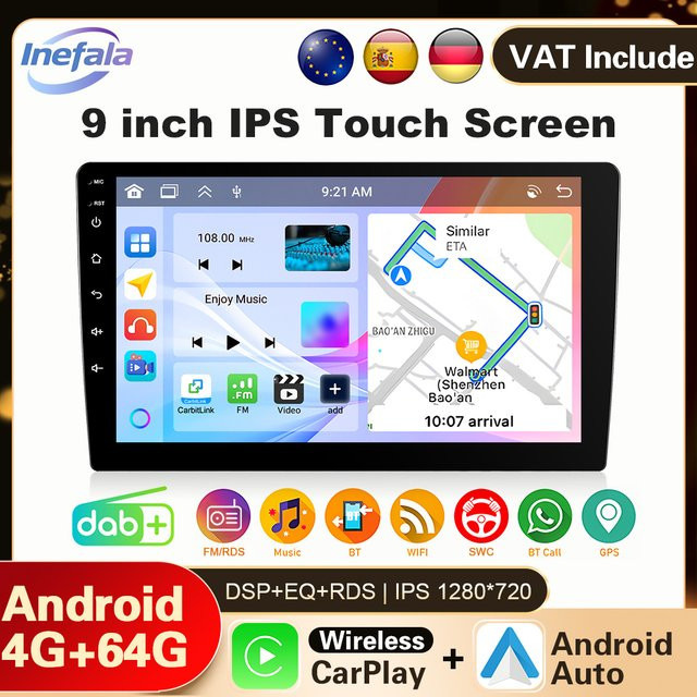 Podofo Android 13 Autoradio 2 Din mit 9 Zoll Display, 4G+64G, Kabelloses CarPlay und Android Auto, GPS, Bluetooth, WiFi, DAB+ und USB, Schwarz - Bild 1