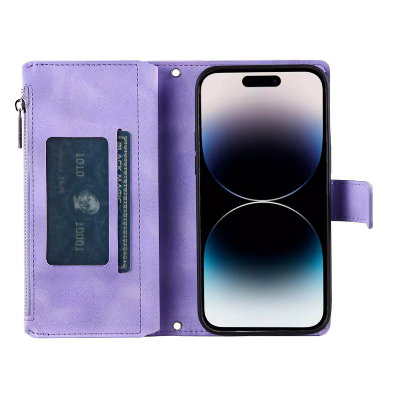 Leder Zipper Wallet Case für Motorola Moto G54 G34 G04 E13 G53 G13 G23 G72 G62 G73 G50 G30 G71 G31 G41 G Power in Grün und Lila - Bild 4