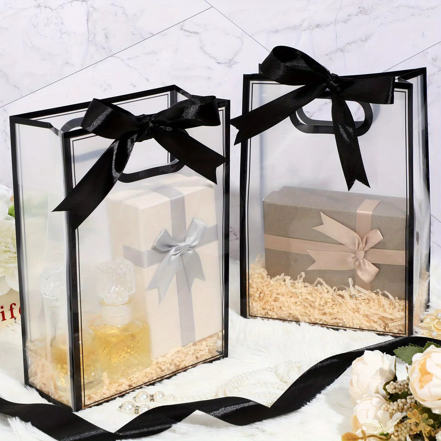 10 Stück durchsichtige Geschenktüten aus Kunststoff mit gestanzten Griffen und Band, wiederverwendbare Blumentütenbeutel für Hochzeit, Geburtstag oder Valentinstag - Bild 2