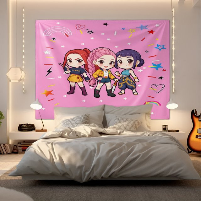 Hasbro KPop Wandteppich mit Chibi-Mädchengruppe in Rosa, Textiler Wandbehang für Kinder und Mädchen, B/H: 130 x 150 cm - Bild 1