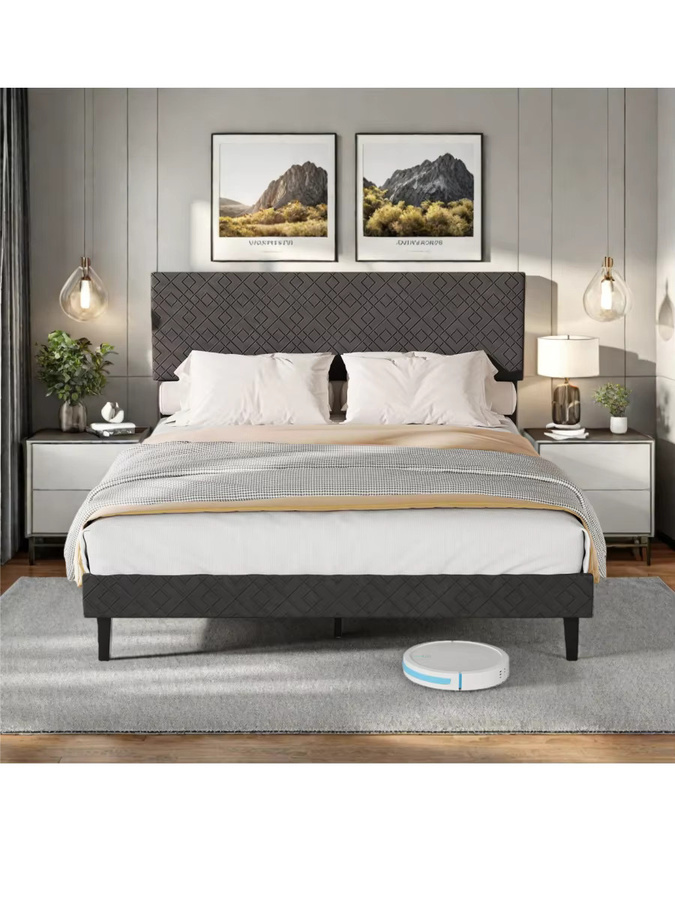 Comanlai Polsterbett Doppelbett mit Lattenrost aus Leinen, Grau, B/T/H: 140 x 200 cm - Bild 7