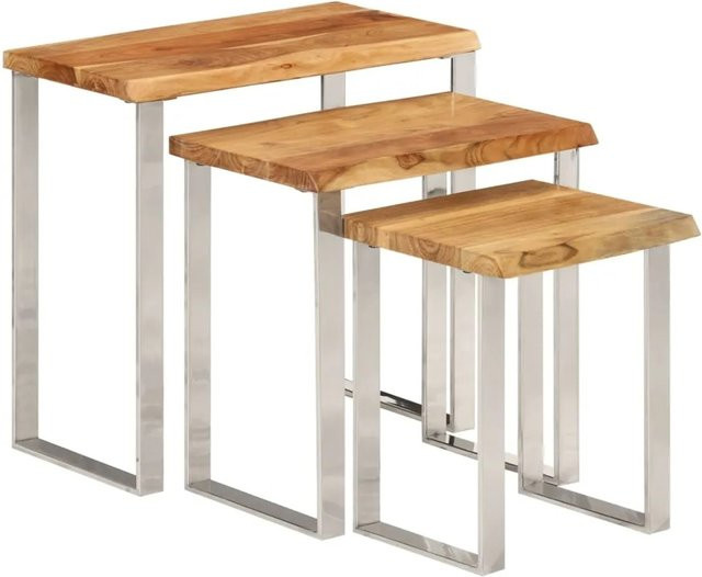 vidaXL Satztische aus Massivholz Akazie mit Baumkante, 3er Set, Braun, Industrial Design - Bild 1