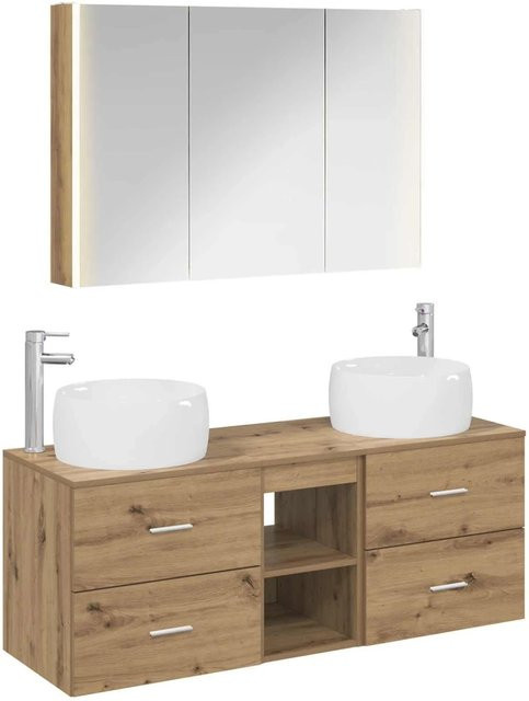 vidaXL Badezimmermöbel-Set 4-teilig in Artisan-Eiche mit Glas, Waschtischunterschrank, Spiegelschrank mit LED-Beleuchtung und Wandunterschrank, Braun - Bild 1