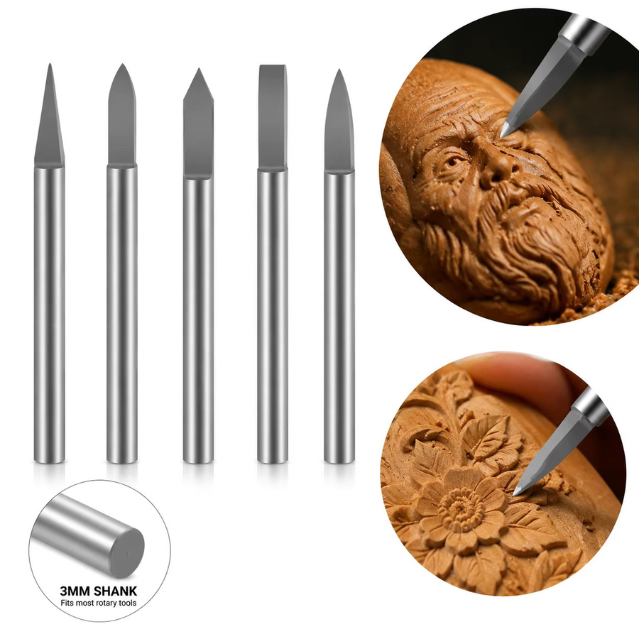 JGZUI 5-teiliges Gravurmesser-Set aus Wolframkarbid in Silber mit 3-mm-Schaft für Holzbearbeitung und Schnitzarbeiten - Bild 3