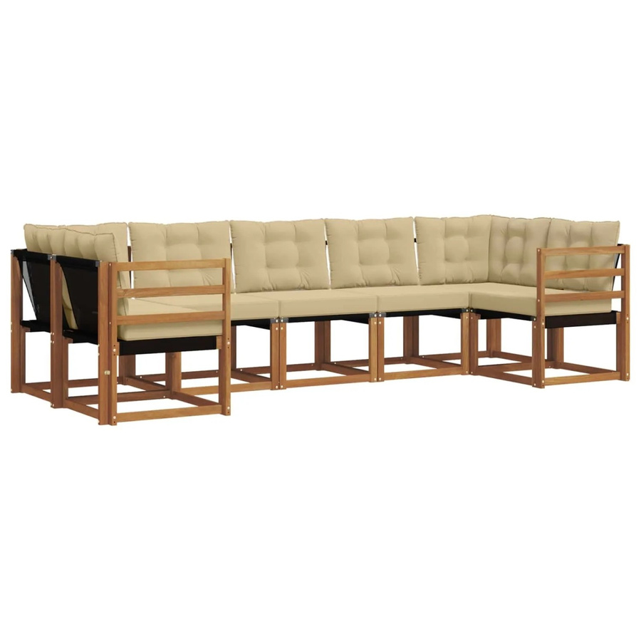 vidaXL Outdoor-Sofagarnitur 7-teilig aus Akazienholz und Textilene in Natur und Beige mit Kissen und Armlehnen - Bild 2
