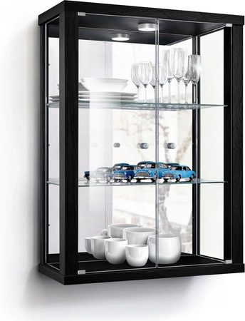 K-Möbel Wandvitrine aus Glas in Schwarz mit LED-Beleuchtung und Spiegel, B/H/T: 80 x 60 x 25 cm