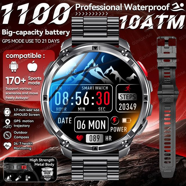 KAVSUMI Militär-Smartwatch Schwarz mit 1100mAh Akku, Dual-Band GPS, 5ATM Wasserdicht, Kompass und Fitness-Tracker für Damen und Herren - Bild 1