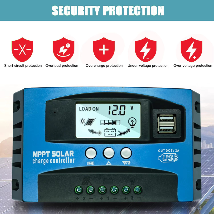 Powlsojx Solar Laderegler 12V 24V mit LCD-Display und Dual-USB-Anschlüssen in Blau - Bild 2