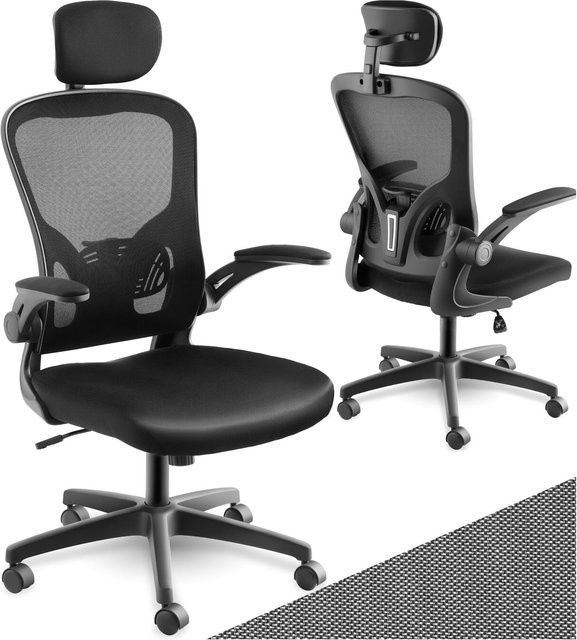 tectake Bürostuhl in Schwarz mit Netzstoffbezug, ergonomischer Form, verstellbarer Lordosenstütze, Kopfstütze, klappbaren Armlehnen und Wippfunktion - Bild 1