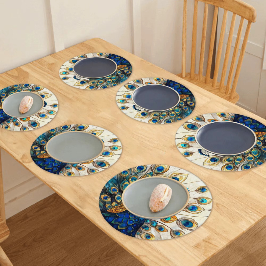 VIKAMA 4er Set runde Tischsets mit böhmischem Pfauenmuster in Multicolour, rutschfest und maschinenwaschbar - Bild 2