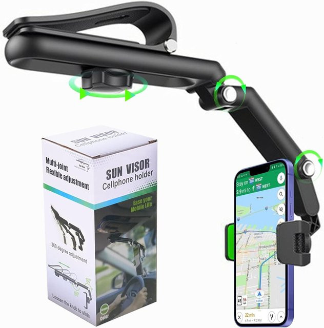 DUTRIEUX Autotelefonhalter 1080 Multifunktions-Sonnenblende, universelle 360-Grad-drehbare Handy-Mobilhalterung für den Rückspiegel, Schwarz - Bild 1