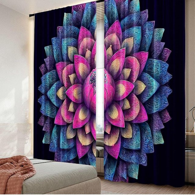 Tonnika Chen Vorhang-Set mit floralem Lotus-Motiv aus Polyester, blickdicht, Multicolor, B: 100 cm, H: 70 cm, 2 Stück - Bild 1