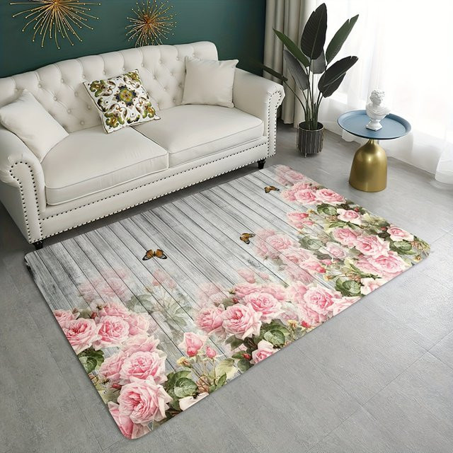 VIKAMA Kawaii Teppich in Rosa mit Blumen- und Schmetterlingsdruck, rutschfeste Bodenmatte mit Holzmaserung-Optik für Wohnzimmer und Schlafzimmer - Bild 1