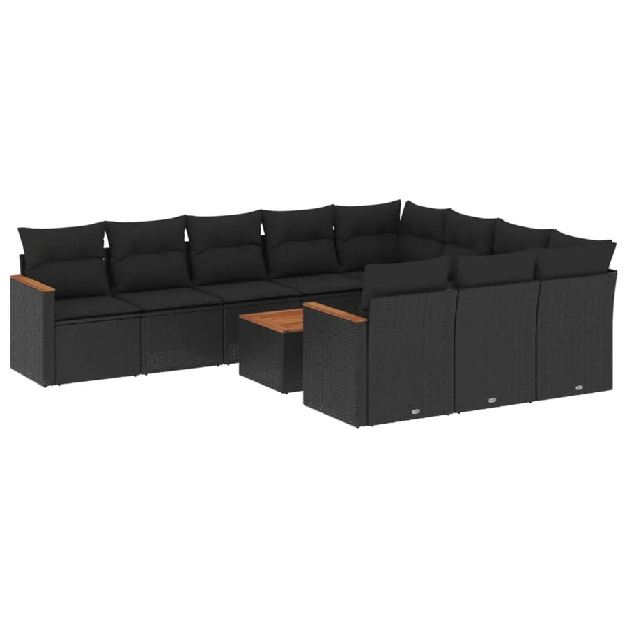 vidaXL 11-tlg Garten-Sofagarnitur aus Poly-Rattan und Akazienholz in Schwarz mit Kissen - Bild 2