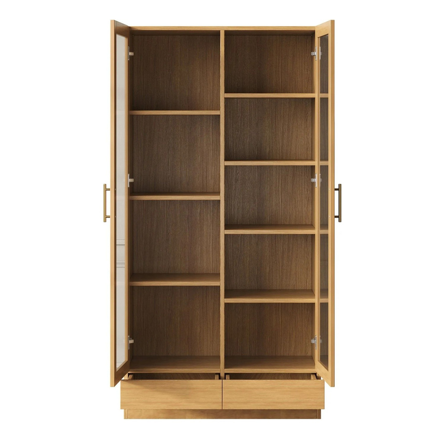okwish Glasvitrine mit Push-to-Open Schubladen und Fachböden, modernes Bücherregal für Büro und Wohnzimmer, Farbe: Braun, B/T/H: 80 x 40 x 160 cm - Bild 2
