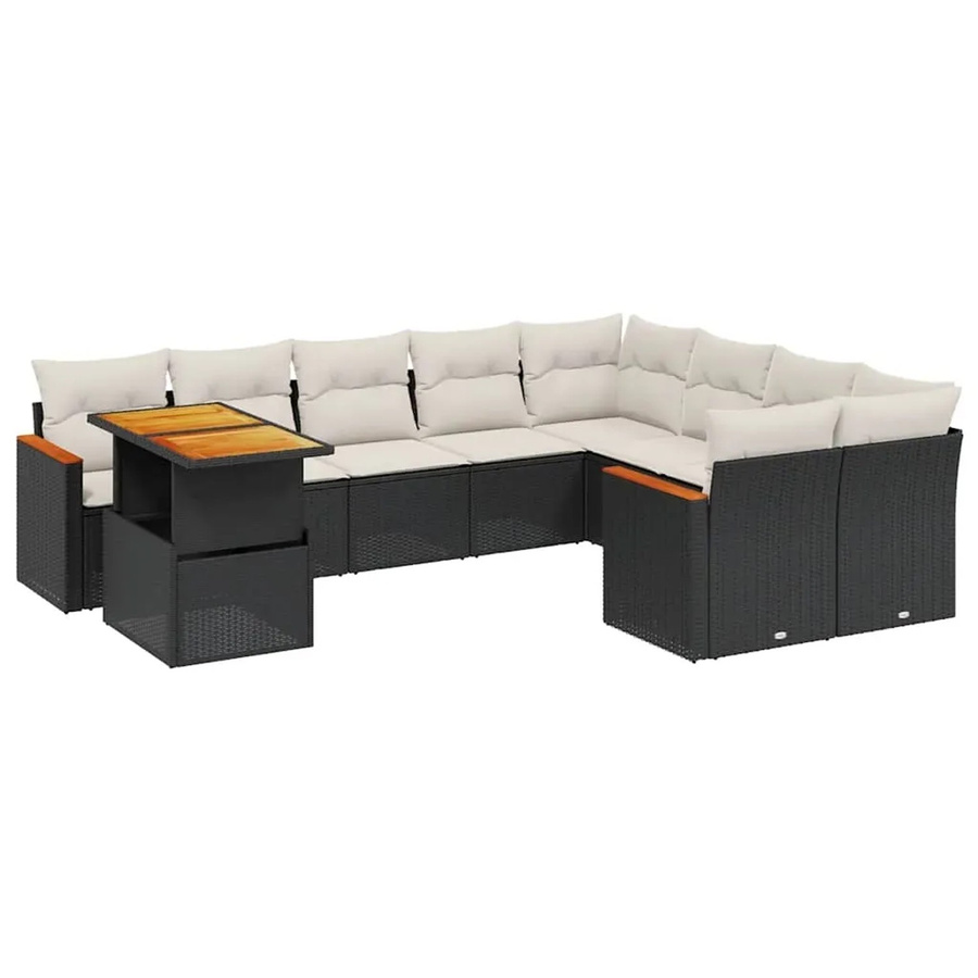 vidaXL 10-tlg. Garten-Sofagarnitur in L-Form aus Polyrattan und Akazienholz mit Kissen, Schwarz - Bild 2