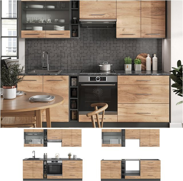 Vicco Küchenzeile Fame-Line in Anthrazit und Eiche, moderne Einbauküche mit Schränken und Schubladen, Breite: 235 cm - Bild 1
