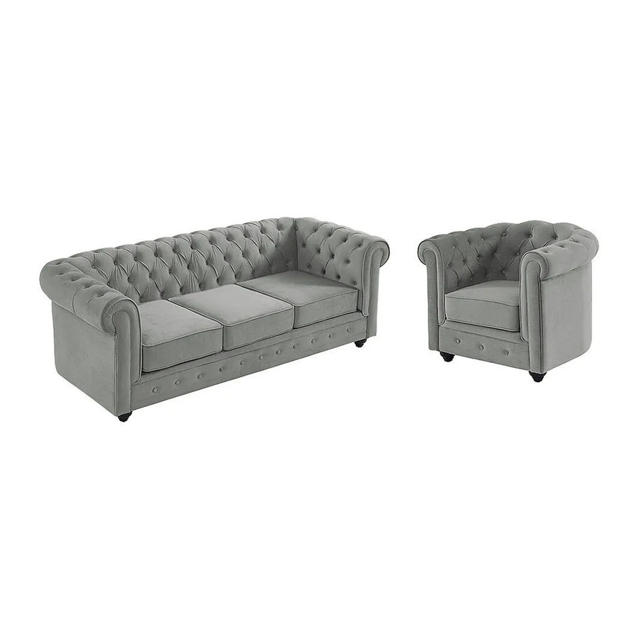 Vente-unique Chesterfield Couchgarnitur aus Samt mit 3-Sitzer-Sofa und Sessel in Hellgrau, Breite: 205 cm, Tiefe: 82 cm - Bild 2