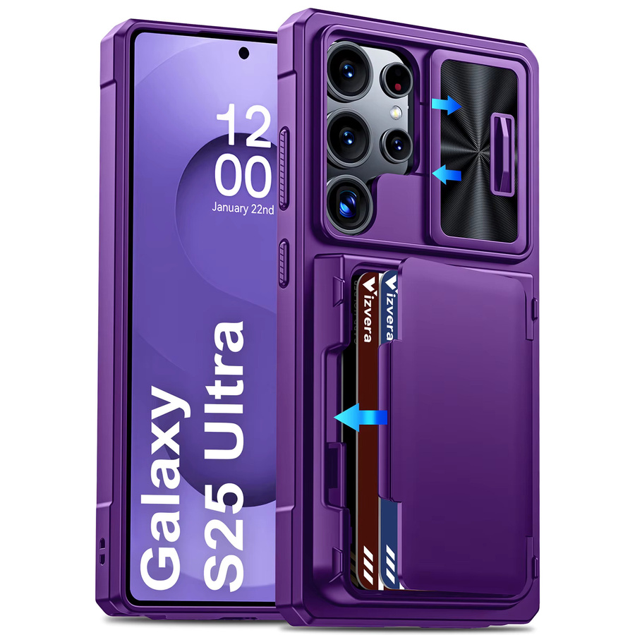 BANGZAO Handyhülle für Galaxy S25 Ultra mit Kartenhalter für 4 Karten, Kameraabdeckung und Ständer in Lila - Bild 7