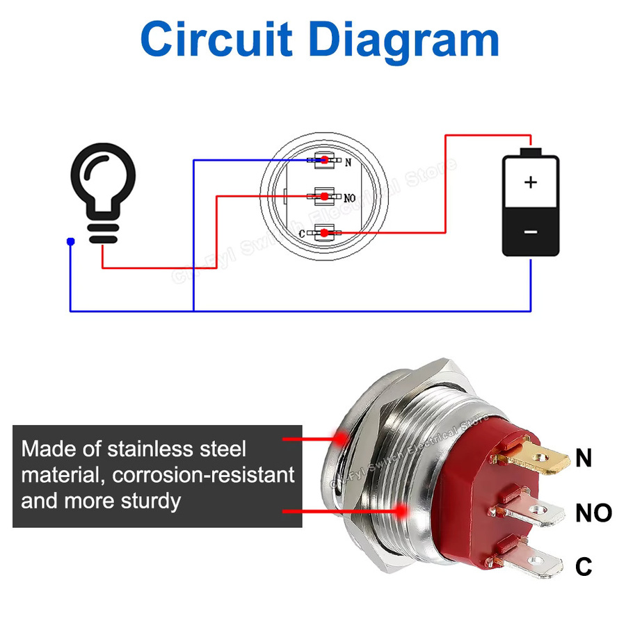 FENGYIELE Metallknopf-Wippschalter aus Edelstahl in Silber, selbstsichernd, 12V/24V/220V, 20A, zwei Positionen EIN-AUS mit 3 Pins - Bild 3