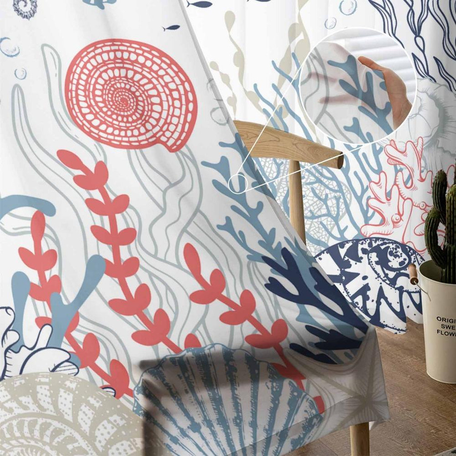 Transparente Tüll-Vorhänge mit Meeresschildkröten-Motiv in Koralle und Multicolour, Organza-Voile für Wohnzimmer und Küche, Breite: 135 cm, Höhe: 115 cm - Bild 2