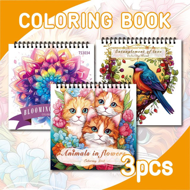 3er Set Malbücher für Erwachsene mit Vogel-, Katzen- und Mandala-Mustern, spiralförmig gebunden, 30 Seiten, Mehrfarbig - Bild 1