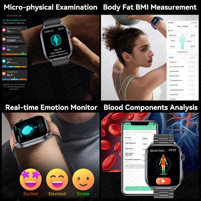 GUHUAVMI Smartwatch mit 2,0 Zoll AMOLED Display für Körperfettanalyse, EKG, Blutdruck und Anruffunktion in Schwarz - Bild 4