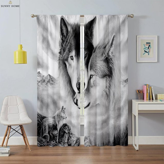 Wolf unter den Sternen Fenster Vorhänge mit Tier Muster in Grau, 2er Set, B: 50 cm, H: 140 cm - Bild 1