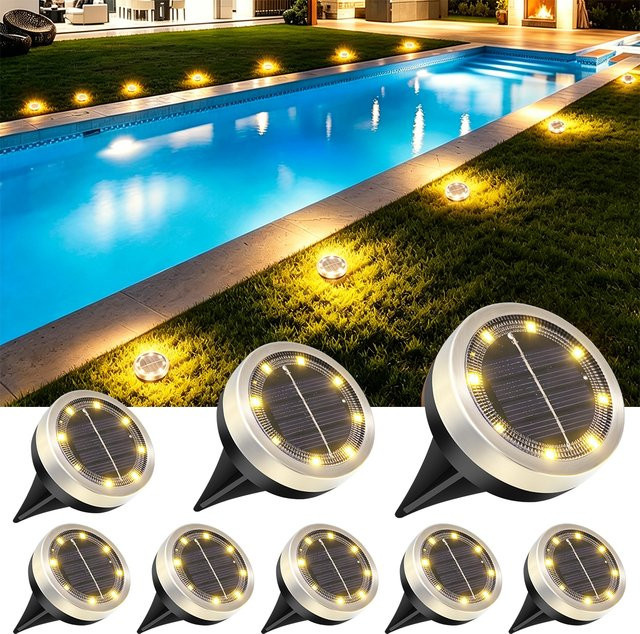 AMARYLLIS Solar-Bodenleuchte aus Edelstahl mit 8 LED in Silber und Weiß, IP65 wasserdicht mit Dämmerungssensor für den Garten - Bild 1