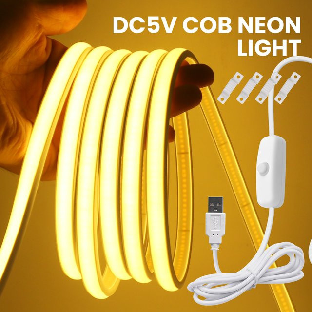 HEGEHE COB Neonlicht Flexibles LED Dekorband mit EIN/AUS-Schalter, Weiß, IP65 Wasserdicht, DC 5V USB-Anschluss, 1 Meter Länge - Bild 1