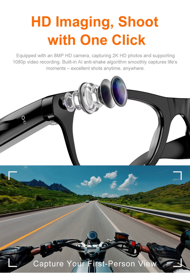 Lenovo Smart AI-Brille mit 8K HD Aufnahmekamera, Bluetooth für Sprachanrufe und Übersetzung, Schwarz - Bild 2