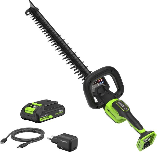 Greenworks Akku-Heckenschere-Set Gen 2 in Grün mit 61 cm Klinge, Fangkorb und Akku - Bild 1