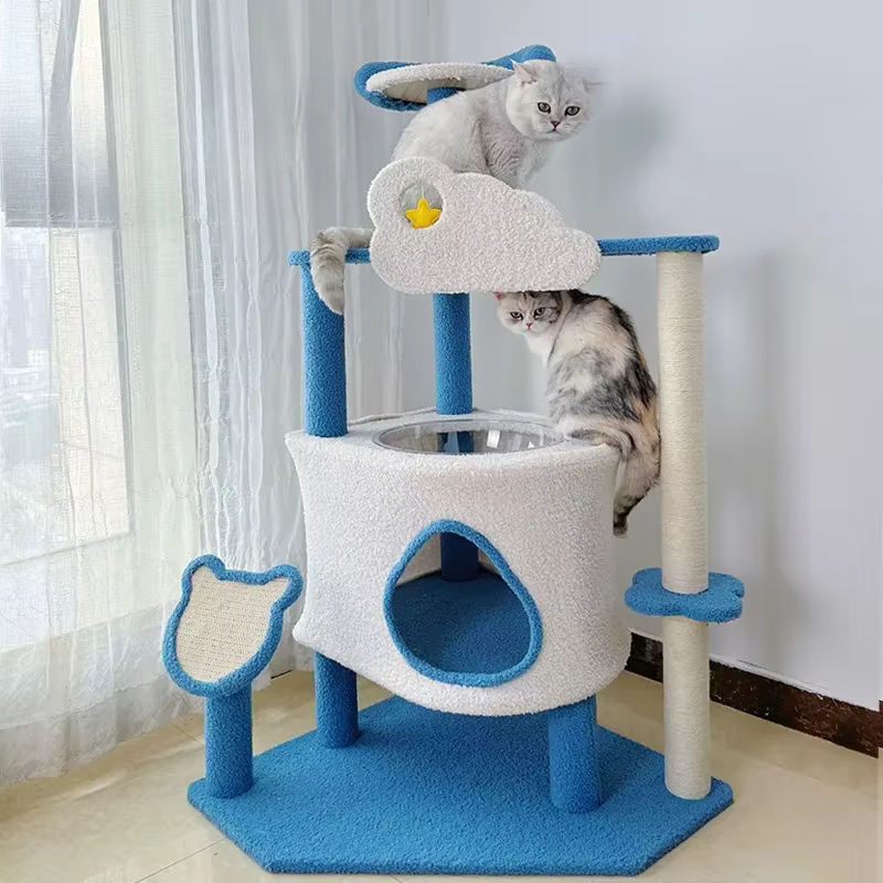 Multifunktionaler Katzenkratzbaum aus Sisal und Textil in Blau, mehrstöckiger Katzen-Kletterrahmen mit Katzenhaus-Turm - Bild 2