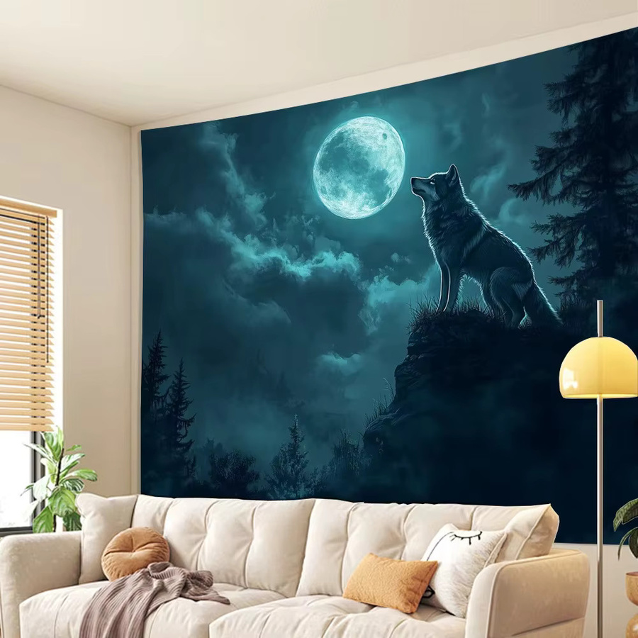 VIKAMA Wandteppich Wolf und Mond in modernem skandinavischem Design, Blau, B: 60 cm, H: 60 cm - Bild 2